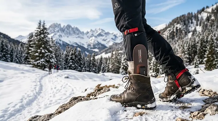 Person wearing rechargeable heated insoles in winter boots outdoors.