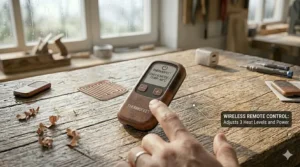 Remote control used to adjust the heat level of rechargeable heated insoles.