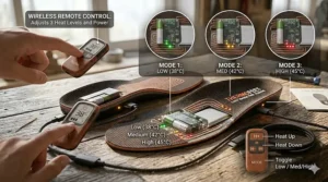 Graphic demonstrating adjustable heat settings on rechargeable heated insoles.