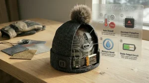 Icons highlighting key safety features like auto-shutoff and overheat protection in heated headwear.
