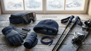 A collection of essential ski gear including goggles, gloves, and a heated beanie for skiing.