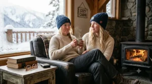 A model wearing the best heated beanie paired with a winter coat and scarf for a stylish look.