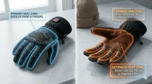 A diagram showing the specific heating zones on the back of the hand and the palm of the heated glove.