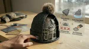 Step-by-step visual guide on how to safely remove the battery and hand-wash a heated beanie without damaging the wiring.