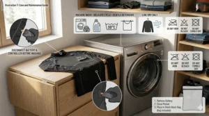 Infographic icon showing proper care and washing instructions for a heated base layer shirt for skiing.