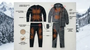 Illustration of how to layer the heated thermal underwear set under winter clothing.