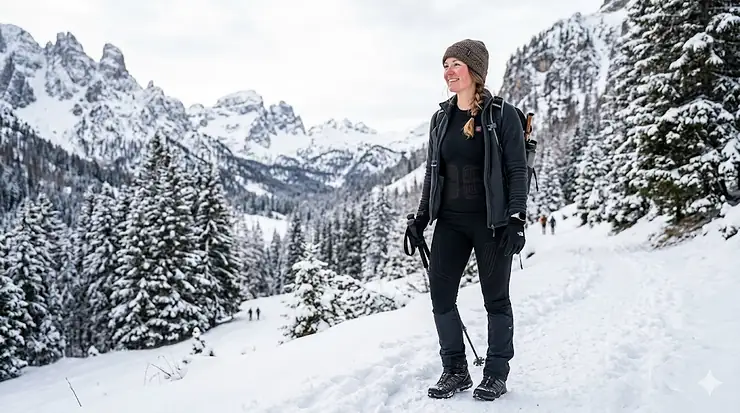Model wearing a black heated thermal underwear set outdoors in winter.