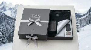 The heated thermal underwear set neatly folded inside premium gift packaging.
