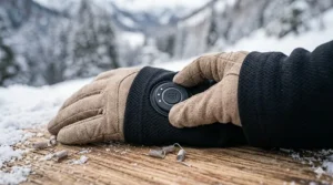 Hand adjusting the multi-level temperature control button on the thermal shirt.
