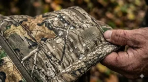 Close-up texture shot of waterproof material on heated camo hunting pants.