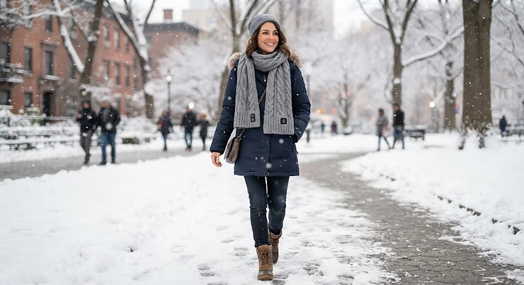 A stylish woman wearing a gray battery heated scarf while walking outdoors in snowy winter weather.