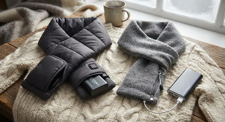 Comparison of a battery-operated heated scarf and a USB-powered heated scarf laid side by side on a cozy winter sweater.