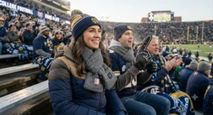 Fans staying warm in stadium bleachers during a late-season football game wearing a battery operated heated scarf.