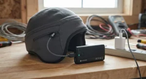 Close-up of a rechargeable lithium-ion battery connected to a heated hard hat liner.