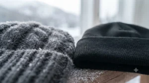 Close-up texture comparison between synthetic heated beanie fabric and regular wool