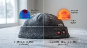 A comparison graphic highlighting the warmth and comfort of a heated cap for winter.