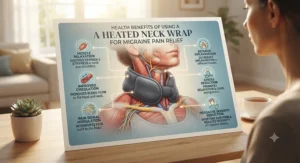 Infographic illustrating the health benefits of using a heated neck wrap for migraine headache relief