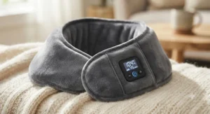 Close-up of a cordless heated neck wrap for migraine showing soft fabric and digital control panel