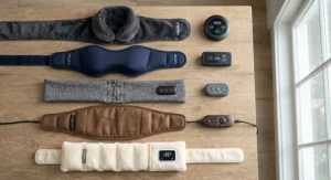 Flat lay of different styles of heated neck wraps for neck pain displayed with heat setting buttons.