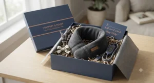 Premium gift box packaging containing a fleece heated neck wrap ready for gifting