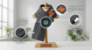 A product highlight display showcasing safety and comfort features of a premium heated scarf for Raynaud's disease.