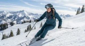 A skier on a snowy mountain slope wearing a durable battery heated scarf for extra neck warmth.