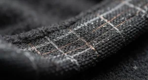 Macro shot of the moisture-wicking and breathable fabric weave on a heated motorcycle helmet liner