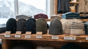 Selection of different winter hat styles including heated and standard knit beanies