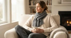 A person relaxing at home wearing a soft, lightweight heated scarf to prevent cold-induced Raynaud's disease flare-ups.