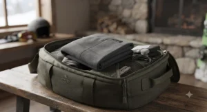 Compact heated ski helmet liner folded neatly inside a winter gear bag