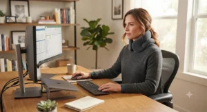 Professional working at a computer in an office using a cordless heated neck wrap for neck pain and stiffness.