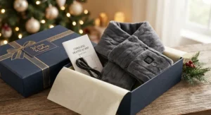 An elegant holiday gift box containing a plush cordless heated scarf and a compact USB charging cable.