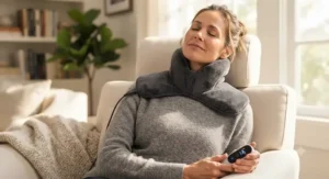 Ergonomic electric heated neck wrap for neck pain designed to target sore shoulders and cervical muscles.