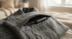 Demonstration of the inner zippered pocket holding a portable power bank inside an electric heated scarf.