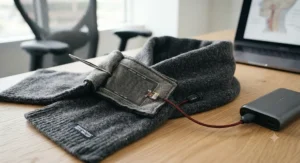 Demonstration of the inner heating element inside a USB heated scarf designed for neck pain relief.