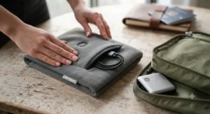 A lightweight USB heated scarf being folded neatly for travel and winter outdoor adventures.