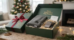 A beautifully packaged gift box containing a USB heated scarf ready for the winter holidays.