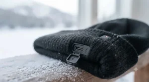 Close-up of a USB charging port on a modern rechargeable heated beanie