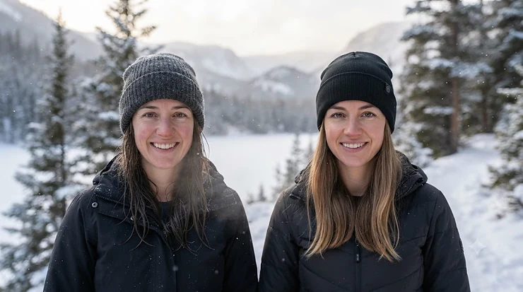 Person wearing a heated beanie compared to a regular beanie in winter weather heated beanie vs regular beanie winter