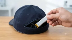 A compact, rechargeable battery pack being inserted into a heated golf cap.