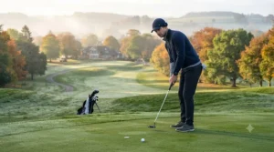 A golfer putting on a green while wearing a warm, heated cap in autumn.