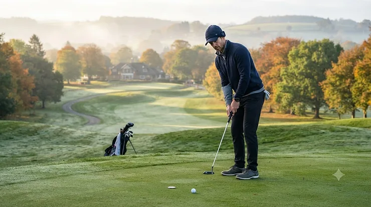 A golfer wearing a stylish heated cap on a cold morning at the golf course. heated cap for golf