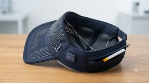 A close-up illustration showing the internal heating elements of a golf cap.