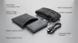 A compact, long-lasting rechargeable battery included with the heated cap for winter.
