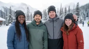 Diverse group of people wearing the same comfortable, adjustable heated cap for winter.