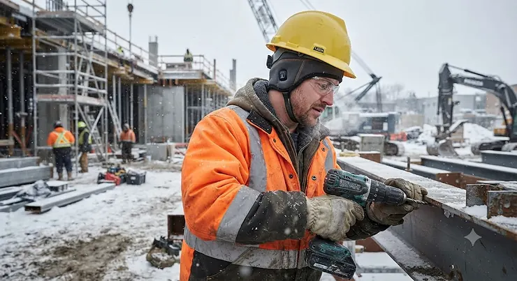 A construction worker wearing a heated hard hat liner under a safety helmet on a cold winter job site.