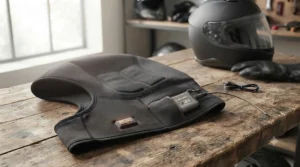 Close-up of the rechargeable battery pack and multi-level temperature control button on a heated helmet liner.