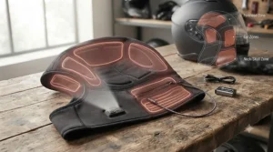 Diagram showing the strategic placement of carbon-fiber heating elements across the top and back of a heated helmet liner.