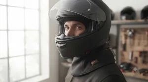 A rider wearing a sleek heated helmet liner comfortably underneath a full-face motorcycle helmet.