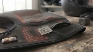 A hand-wash symbol label attached to a durable heated helmet liner for easy maintenance.